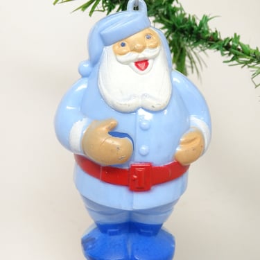 Vintage 1950's Rosbro  Blue Santa Plastic Christmas Tree Ornament, Antique Retro Decor 