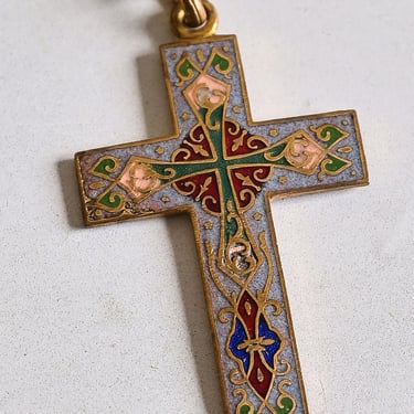 turn of the century French enamel cross pendant with chain