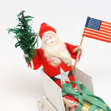 Antique 1940's Patriotic Santa Sleigh with US Flag &  Feather Christmas Tree, Hand Painted Clay Face Santa, Vintage Retro Decor 