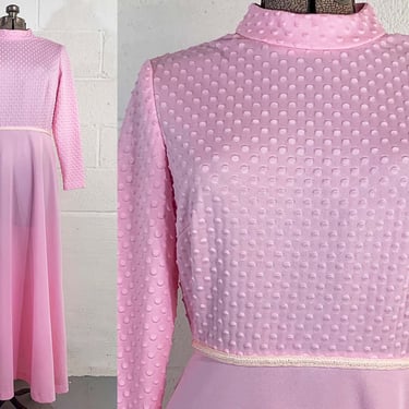 Vintage Pink A-Line Maxi Dress Hostess Mod Pearl White Baby Wedding Trim Buttons Twiggy Long Sleeve Women's Medium 1960s 