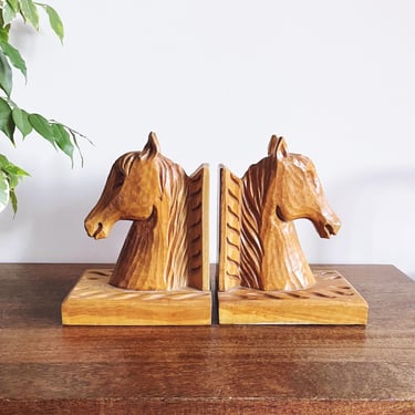 vintage hand-carved wooden horse bookends 