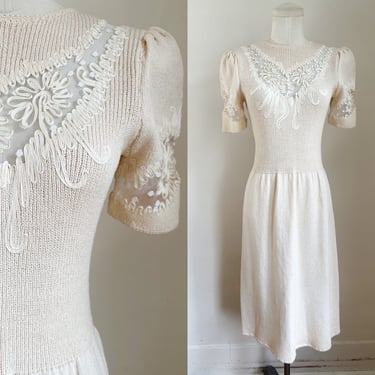 Vintage 1980s Cream Lace Sweater Dress / S-M 