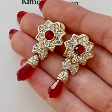 90s Designer Swarovski Red Flower Crystal Earrings