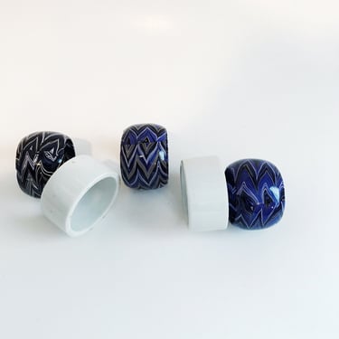 Vintage Blue White Napkin Rings Set Wooden and Porcelain Round Napkin Holders 