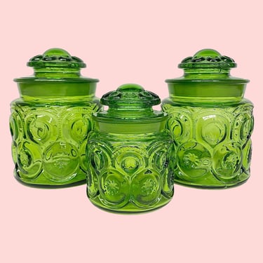 Vintage L.E. Smith Canister Set Retro 1960s Mid Century Modern + Moon and Stars + Green + Glass + Set of 3 + MCM Kitchen + Dry Storage 