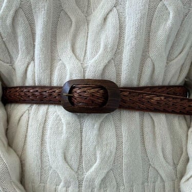 Vintage Womens Brown 100% Leather Braided Wood Buckle Made in Mexico Belt Sz M 