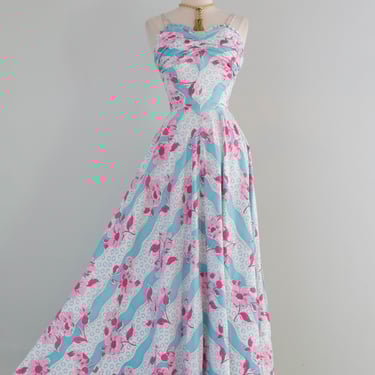 Beautiful 1940's Floral Print Cotton Maxi Dress In Pink & Turquoise / SM