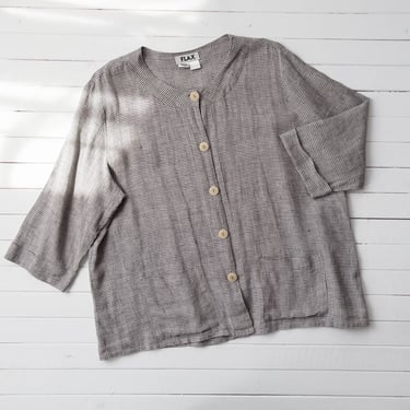 oversized linen shirt | 90s plus size vintage FLAX minimal minimalist loose oversized beige black grid pattern linen tunic blouse 