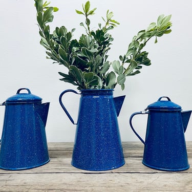 Blue Speckled Enamel Coffee Percolator | Graniteware | Blue Tin Kettle | Camping Dishes | Farmhouse Decor | Blue Pitcher | French Enamelware 