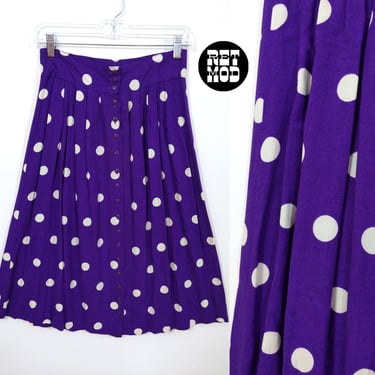 Fun Vintage 80s 90s Purple White Polka Dot Button Down Mid-Length Skirt 