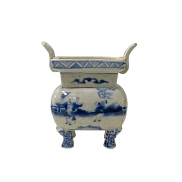 Blue White Oriental Scenery Ding Shape Incense Holder Porcelain Pot ws2065E 