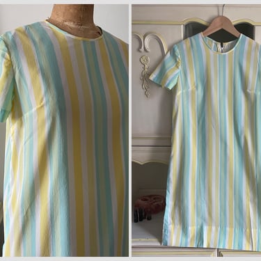 True vintage 1950’s pastel candy stripe rayon crepe dress | sorbet stripes, handmade ‘50s ‘60s dress, S 