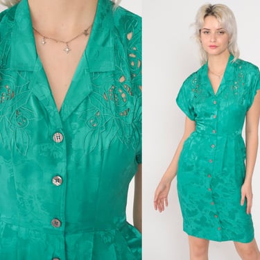 Green Floral Dress 90s Silk Mini Dress Cutout Flower Embroidered Bali Cutwork Button up Pencil Sheath Vintage 1990s Petite Extra Small xs 