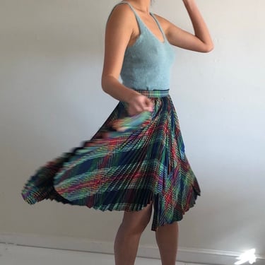 80s plisse skirt / vintage Fortuny micro pleats please plisse plaid tartan taffeta circle wrap skirt | Small 