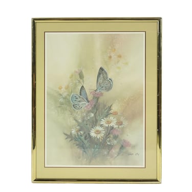1980s Framed Print Butterflies and Daisies by Lena Liu