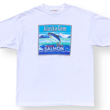 Vintage 1995 Alaska Gem Brand Canned Salmon Label Graphic Nature T-Shirt Size XL 