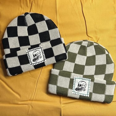 Fast Doll unisex checkerboard ribbed knit skull beanies — Cactus green & classic black 
