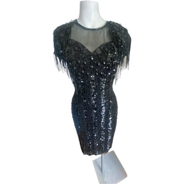 80s Vintage black sequin beaded tassel fringe flapper dress, black embellished cocktail party dress, sheer black gala silk dress XS 4 
