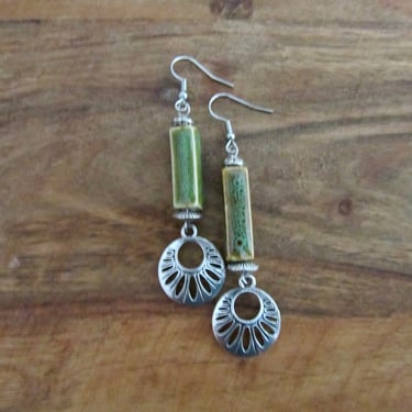 Bohemian earrings, etched silver and ceramic earrings, rustic green gypsy earrings 2 