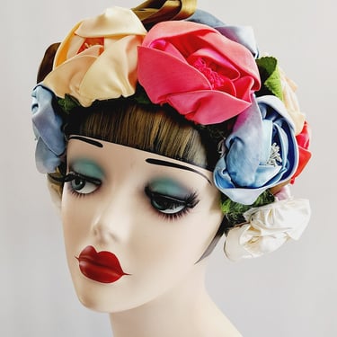60s Sculpted Flower Hat Multicolored Bouquet Cap by Don Anderson New York 