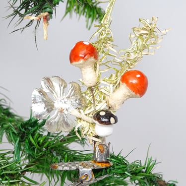Vintage German Spun Cotton Mushroom Clip On Christmas Tree Ornament, Antique Hand Painted Feather Tree Decor, Germany 