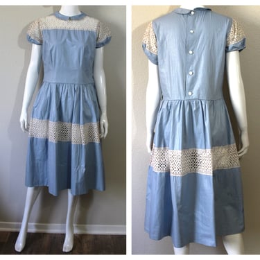 Vintage 40s Dress 1940s Blue White Eyelet Cotton Puff Sleeve Day Dress Volup Plus // Modern US 10 12 Large 
