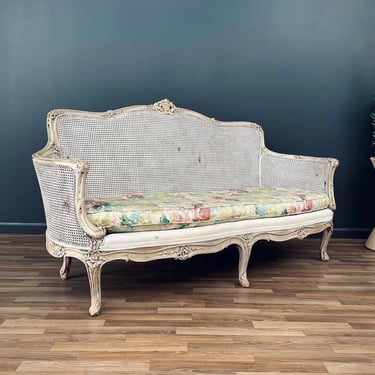 Antique French Louis XVI Style Painted And Caned Settee, c.1920’s 