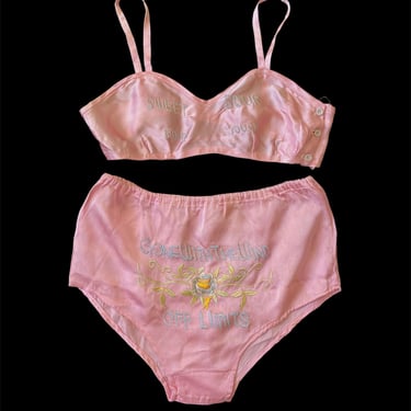 RARE 1940s WWII Lingerie Set / 40s Novelty Baby Pink Satin Bra Panties / Embroidered Risque Souvenir Lingerie 