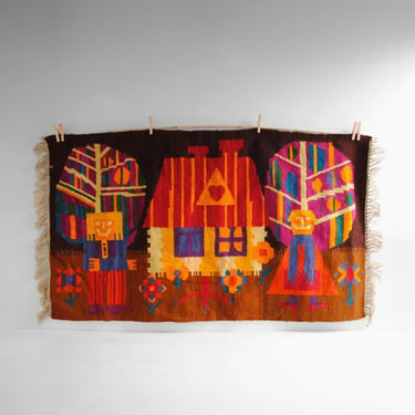 Vintage Colorful Woven Polish Wall Hanging Textile or Rug of a House, Trees, and People 