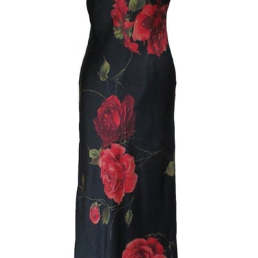 Satin Slip Dress, Vintage David Meister, Evening Gown, Maxi Dress, 6 Women, Black Silk, Red Roses 