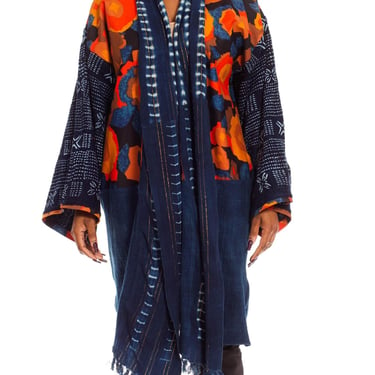 Morphew Collection Blue  Orange Cotton Up-Cycled African Indigo Vintage Fabric Duster 