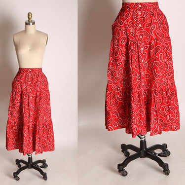 Late 1970s Early 1980s Red, White and Black Bandana Print Button Down Western Skirt by My Kinda Gal -S 