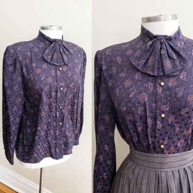 70s 80s Nina Ricci Elizabeth Arden Silkprint Blouse Purple Floral Leaf Paisley Designer Long Sleeved Button Down Shirt Jabot Scarf Collar  M 