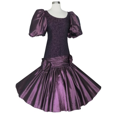 Vintage 80s Purple Maroon Black Taffeta Puff Sleeve Bows Mermaid Full Skirt Prom Party Dress M Medium Balloon Formal Gown Dance Queen 