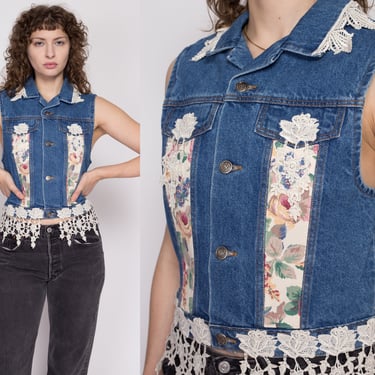 Medium 90s Denim Floral & Lace Cropped Vest | Vintage Blue Jean Sleeveless Top 