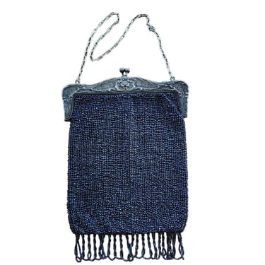 Antique 1910s Beaded Evening Bag Blue Glass Looped Fringe 