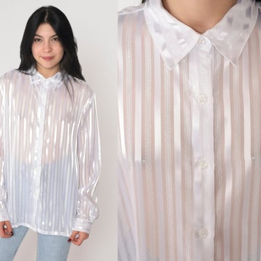 Shiny White Blouse 90s Semi Sheer Striped Button Up Shirt Collared Long Sleeve Top Silky Secretary Retro Basic Preppy Vintage 1990s Large L 