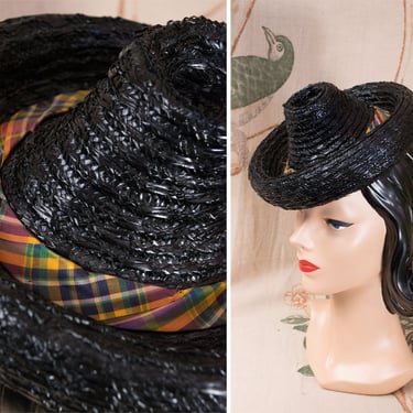 1940s Hat - Fantastic Vintage 40s Peaked Crown Modified Breton Toy Hat in Glossy Black Straw with Plaid Trim 