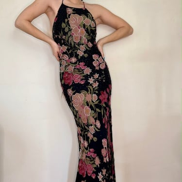 Vintage 90&amp;#39;s Sue Wong Beaded Floral Long Dress by VintageRosemond