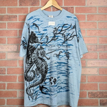 Vintage 90s NWT Double Sided Anadazia Seahorse All Over Print ORIGINAL Underwater Nature Tee - Extra Large 