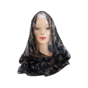 1950s Black & Gold Atomic Starburst Nylon Scarf - Vintage Black Nylon Scarf - 50s Black Headscarf - 50s Gold Headscarf - Vintage Headscarf 
