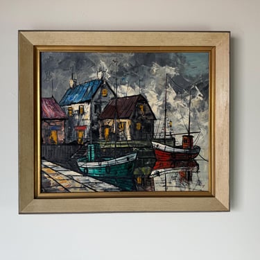 1970's Vintage Laye Impressionist Oil Painting of a Harbor Scene, Framed 