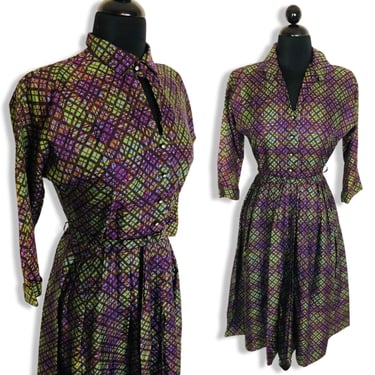 Vintage 1950's Purple Green Black Plaid Acetate Fit and Flare Shirtwaist Dress - size Medium 