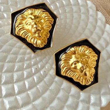 Bold Lion Earrings, Black Enamel, Shiny Gold Tone, Studs Pierced, Vintage 80s 90s Leo Zodiac, Lions Head Jewelry 