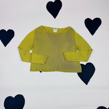 Yves Saint Laurent cropped knit sweater Y2k 00s vintage designer shimmery lime green chartreuse brat silky loose boxy crop knit shirt top M 