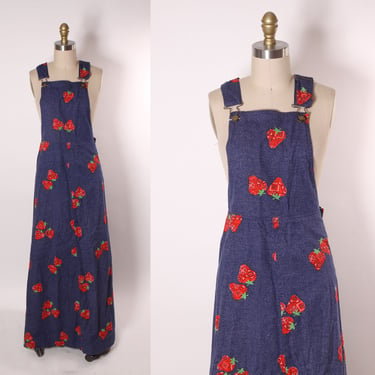 1970s Blue, Red and Green Novelty Denim Look Strawberry Print Overall Dress -L 