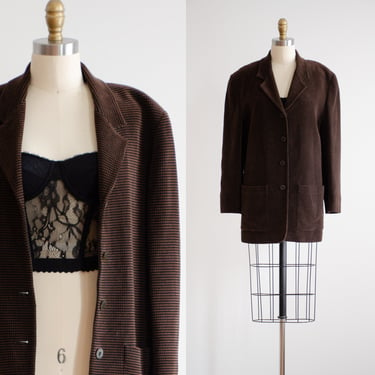 brown velvet jacket 90s vintage Saks Fifth Avenue black brown grid plaid blazer 