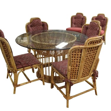 Vintage Mid Century Dorothy McGuire Style Round Dining Table & 6 Wicker Chairs 