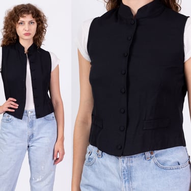 90s Black Button Up Sleeveless Top - Small | Vintage Nehru Collar Plain Vest Blouse 