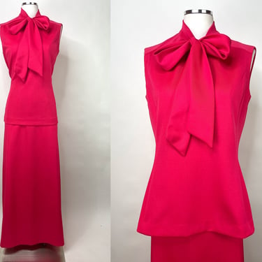 1960s-1970s Hot Pink Two Piece Set w A Line Maxi Skirt & Sleeveless Fitted Top w Pussy Bow M/L ILGWU USA  | Vintage, Monochrome, First Lady 
